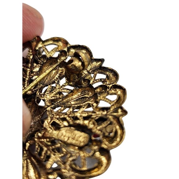 Vintage Austrian Filigree Brooch with Pink & Red Rhinestones, Signed Made in Aus - Picture 12 of 13
